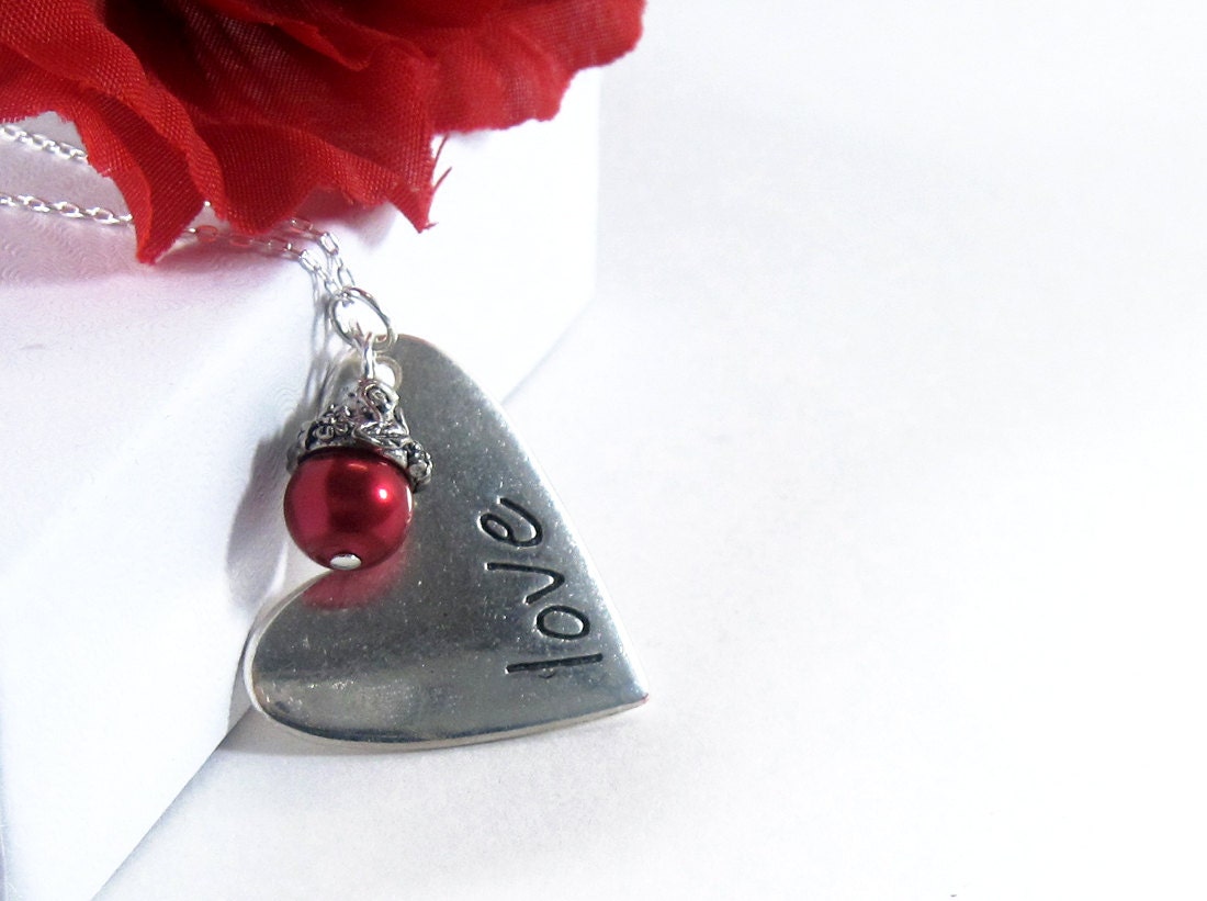 Love Heart Charm Necklace with Red Pearl Drop - Valentine Jewelry