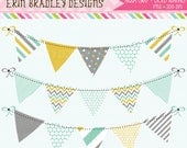 Bunting Banner Flag Clipart Commercial Use Clip Art Graphics Aqua Gold Gray INSTANT DOWNLOAD