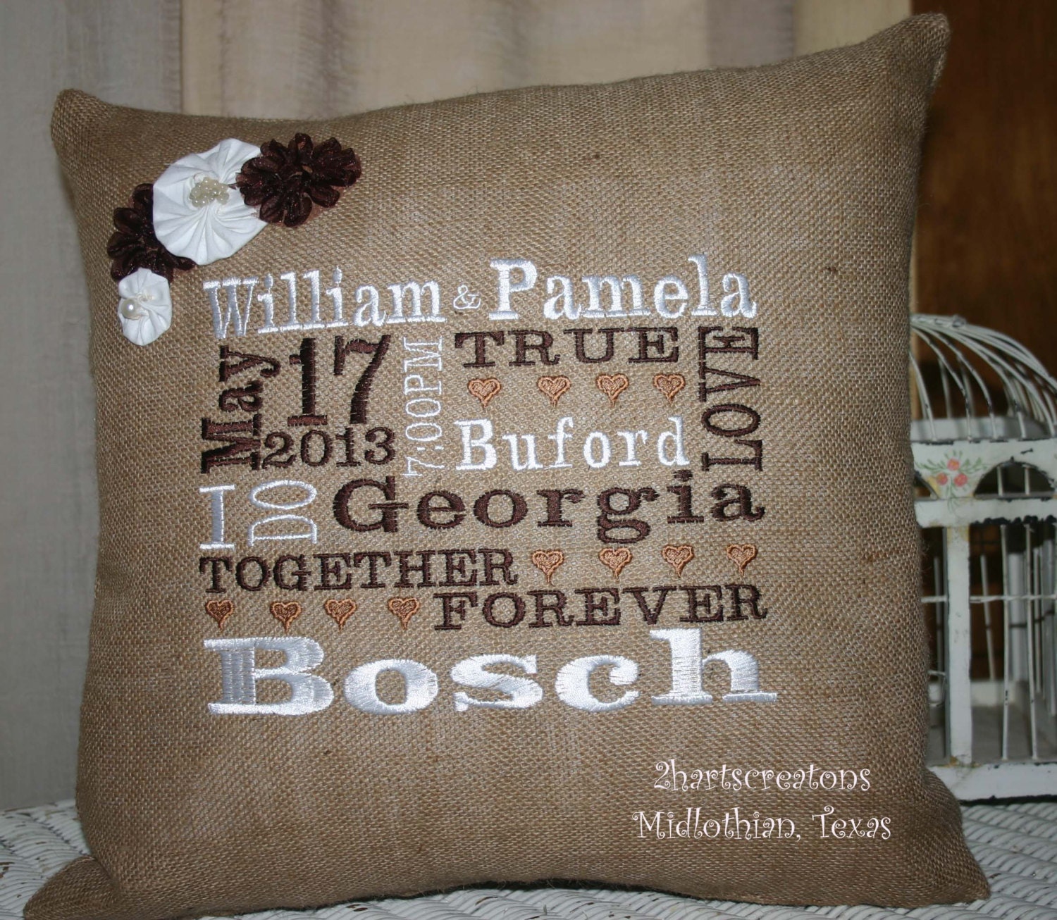 Personalized BURLAP PILLOW - Wedding Gift with widding Date - Names - Time - Location Subway Typography Art
