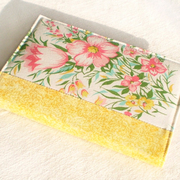 Fabric Journal Cover - Yellow Spring - Fabric Cover A6 Notebook, Diary - Pink, Green, White Flowers and Tulips