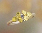Diamond Engagement Ring, Stacking Ring, Tiny 18k Gold Hydrangea, Sterling Silver Band, Made to order