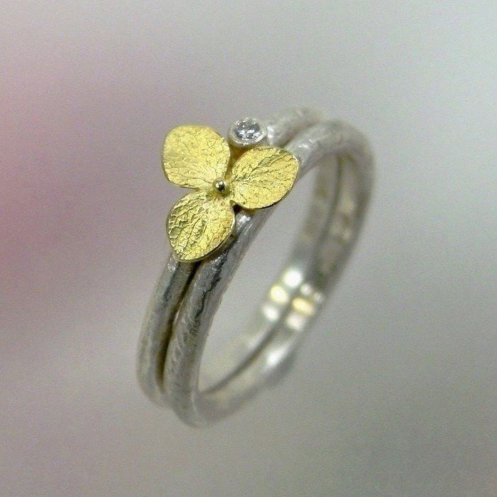 Wedding Ring Set, Hydrangea Blossom and Diamond Engagement Ring and Matching Wedding Band, Sterling Silver, 18k Gold, Made to order