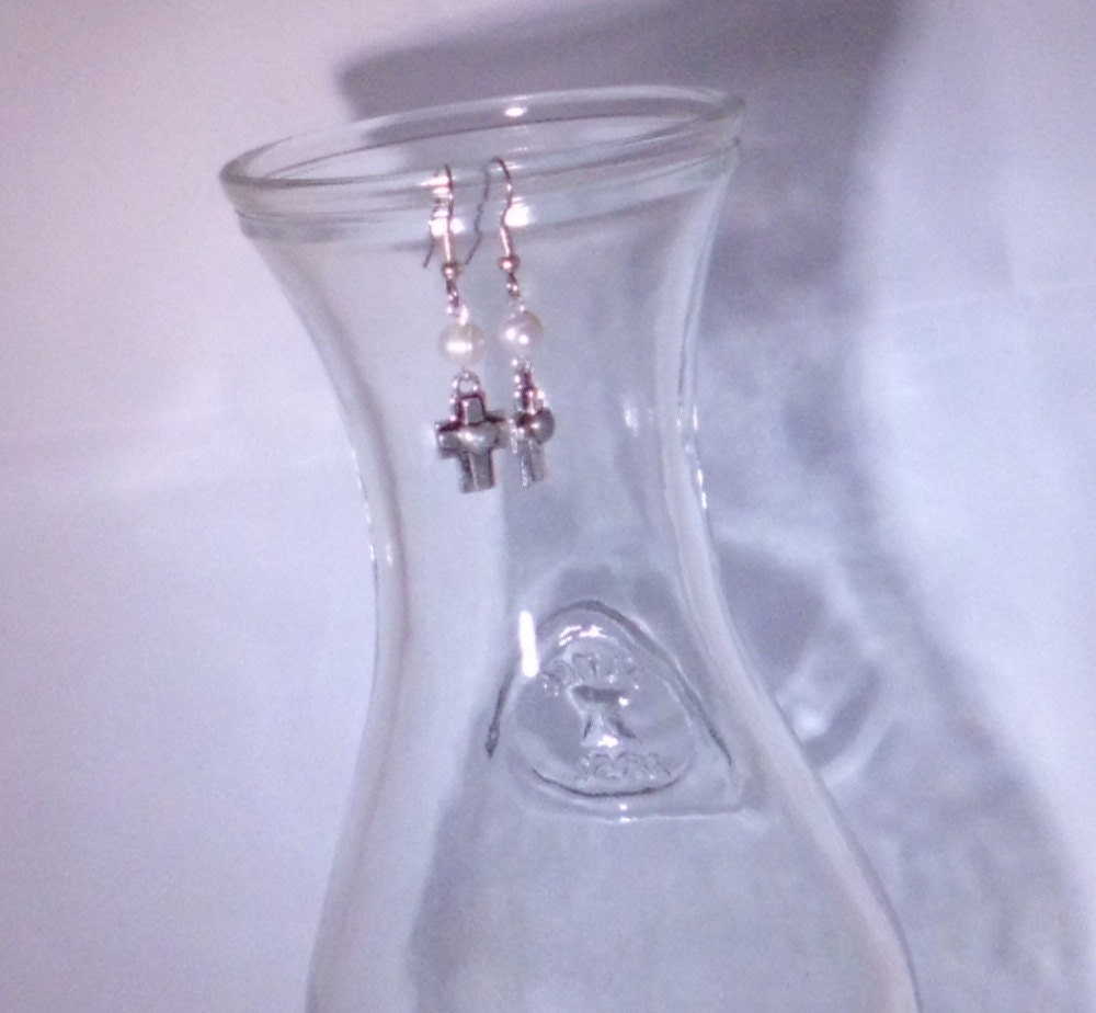 Small Silver Cross Pearl Heart Earrings, Cultured Pearl and Cross with Small Heart in Center, FREE SHIPPING