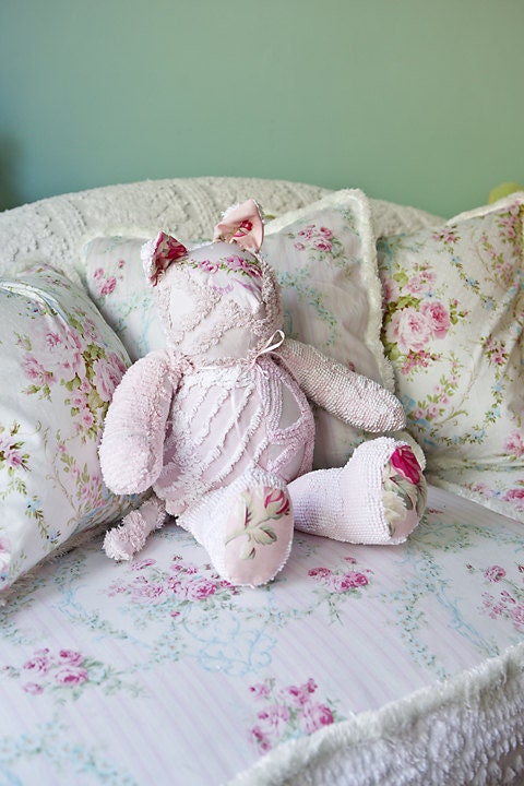 shabby chic kitty cat vintage chenille bedspread pink white roses baby girl stuffed animal cottage
