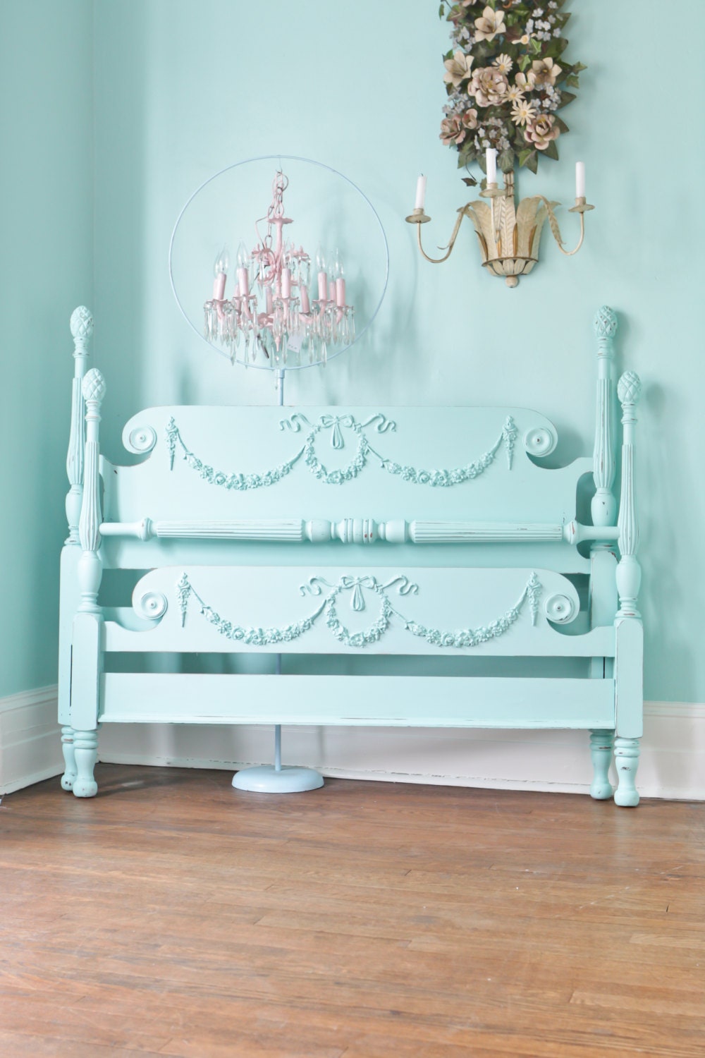 antique shabby chic aqua blue bed frame full beach coastal cottage prairie swags roses bows 4 post OMG