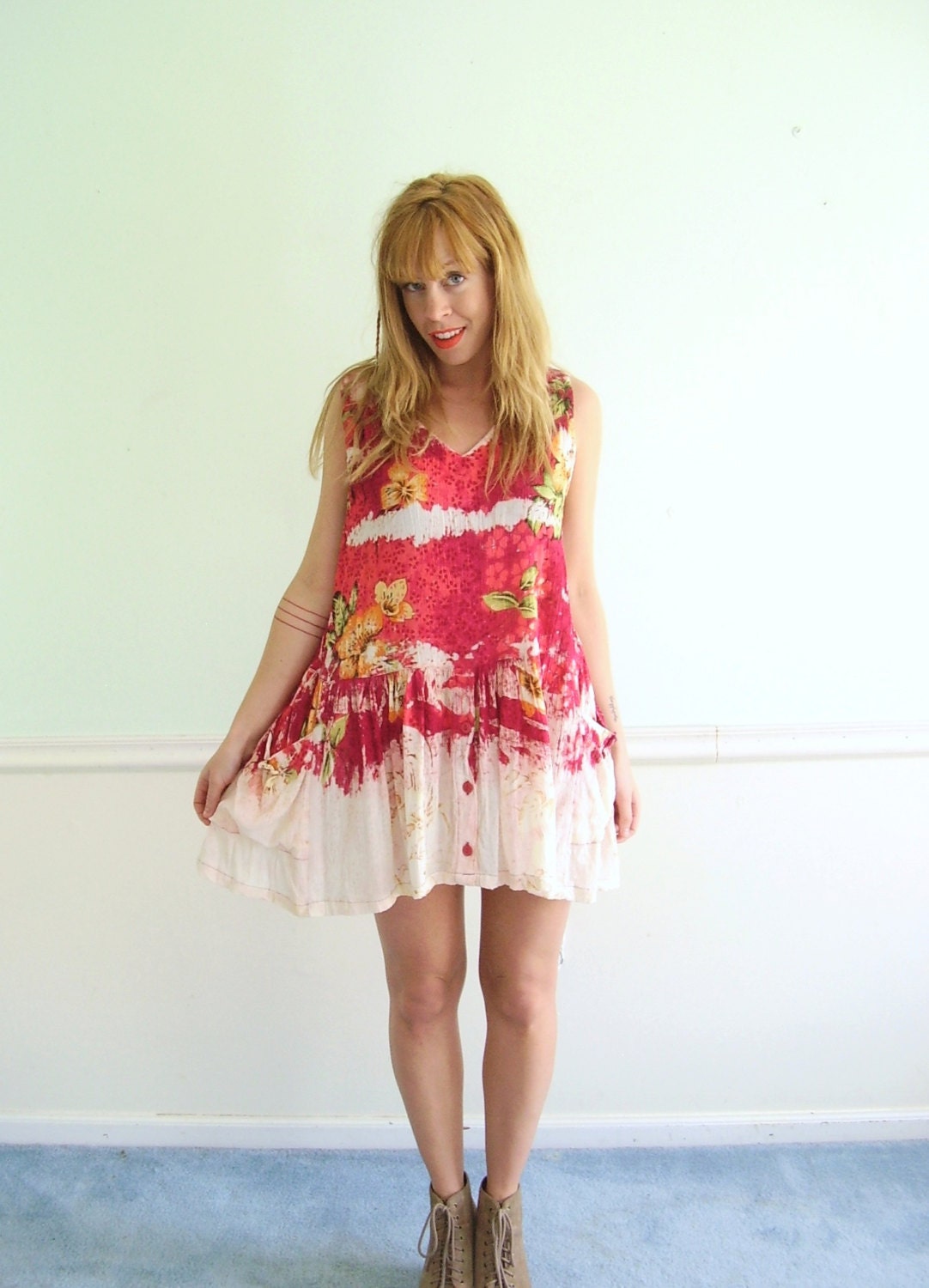 25% OFF . . . Tropical Beach Print Tie Dye Ombre Faded Beach Mini Summer Dress - Vintage 90s - Medium M Large L Petite