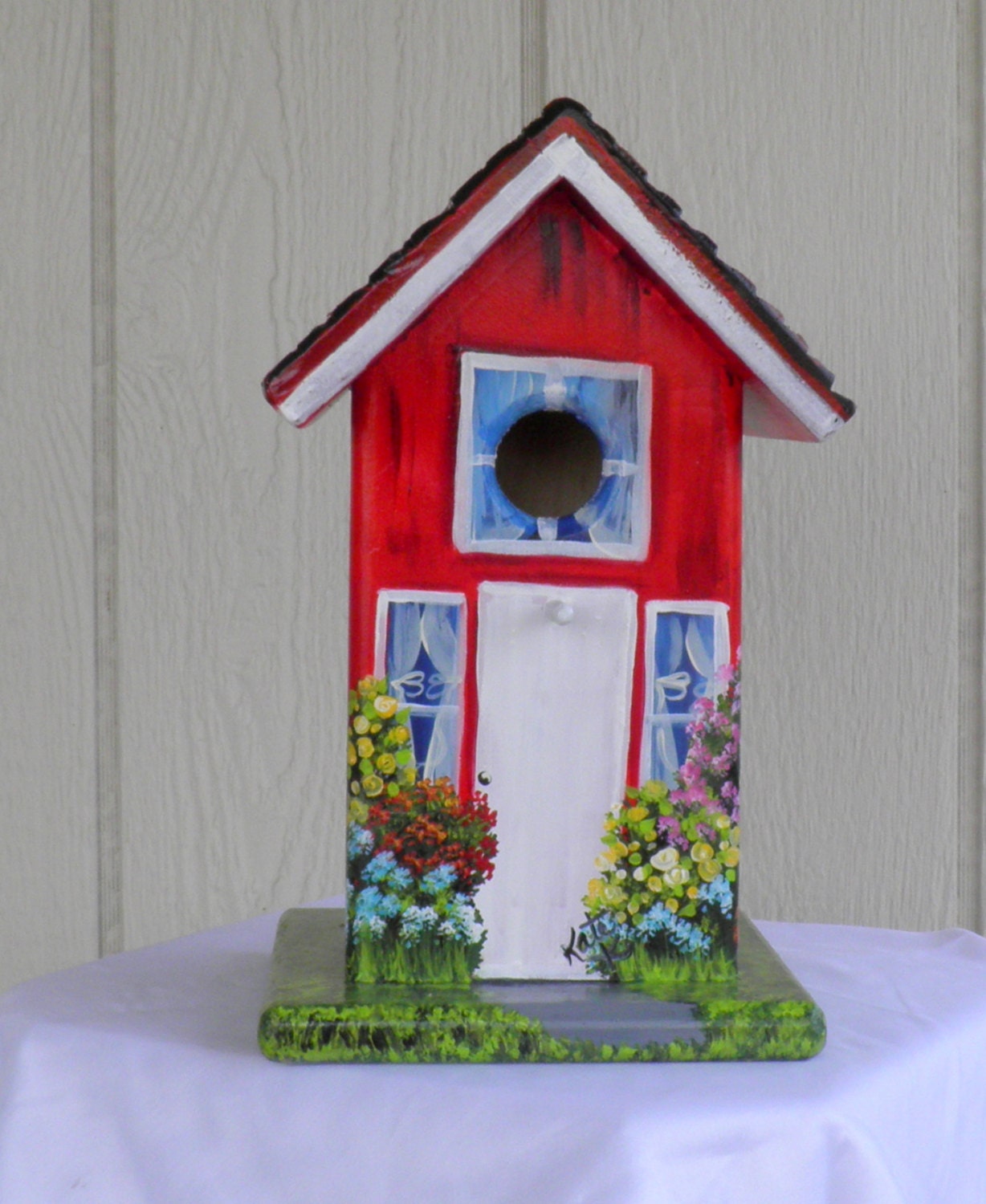 Beautiful Red Bird House with White Trim and a lot of Flowers, Hand Made and Hand Painted and Unique