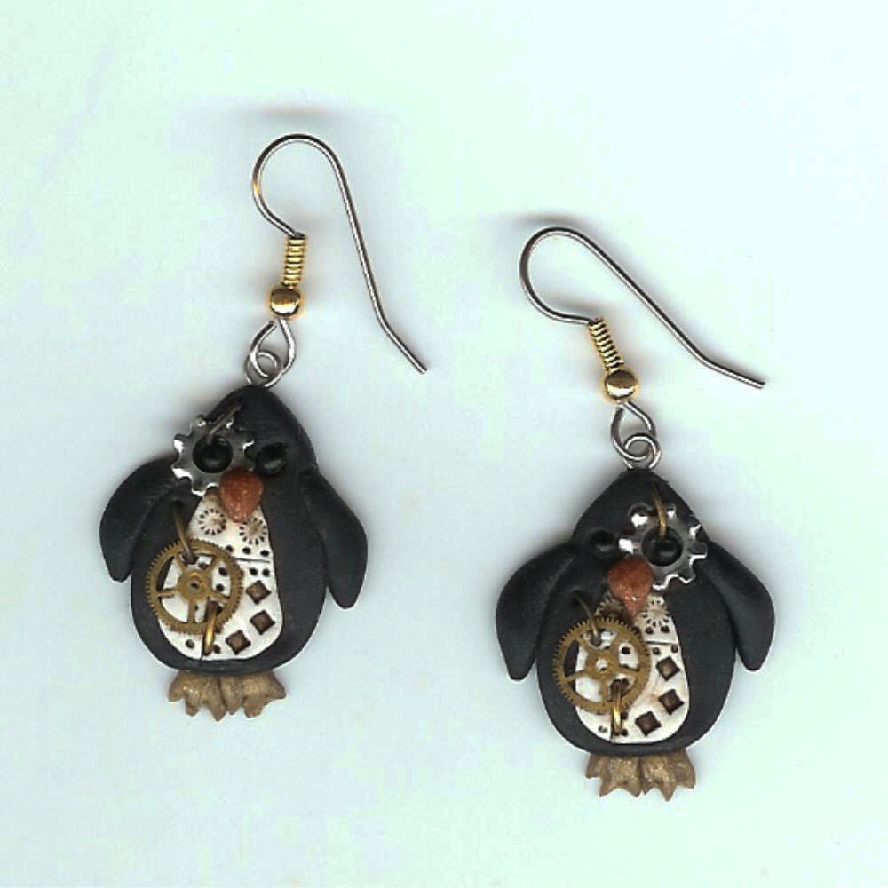 Steampunk Penguin Earrings Polymer Clay Jewelry