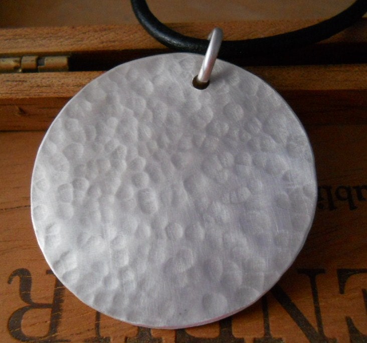 hammered disk pendant, black leather cord, sterling silver, mens pendant, womens pendant, tribal, minimalist jewelry