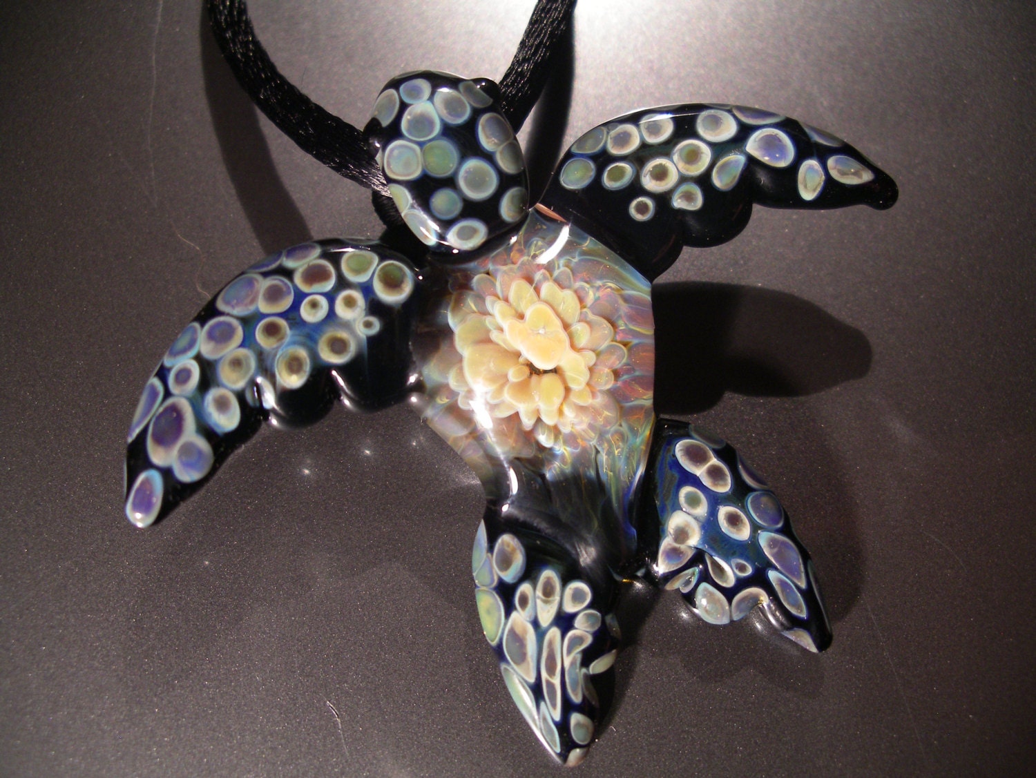 Implosion Sea Turtle Pendant, wearable art, handmade borosilicate glass, with satin cord, clasp and gift bag, unique gift, FREE SHIPPING