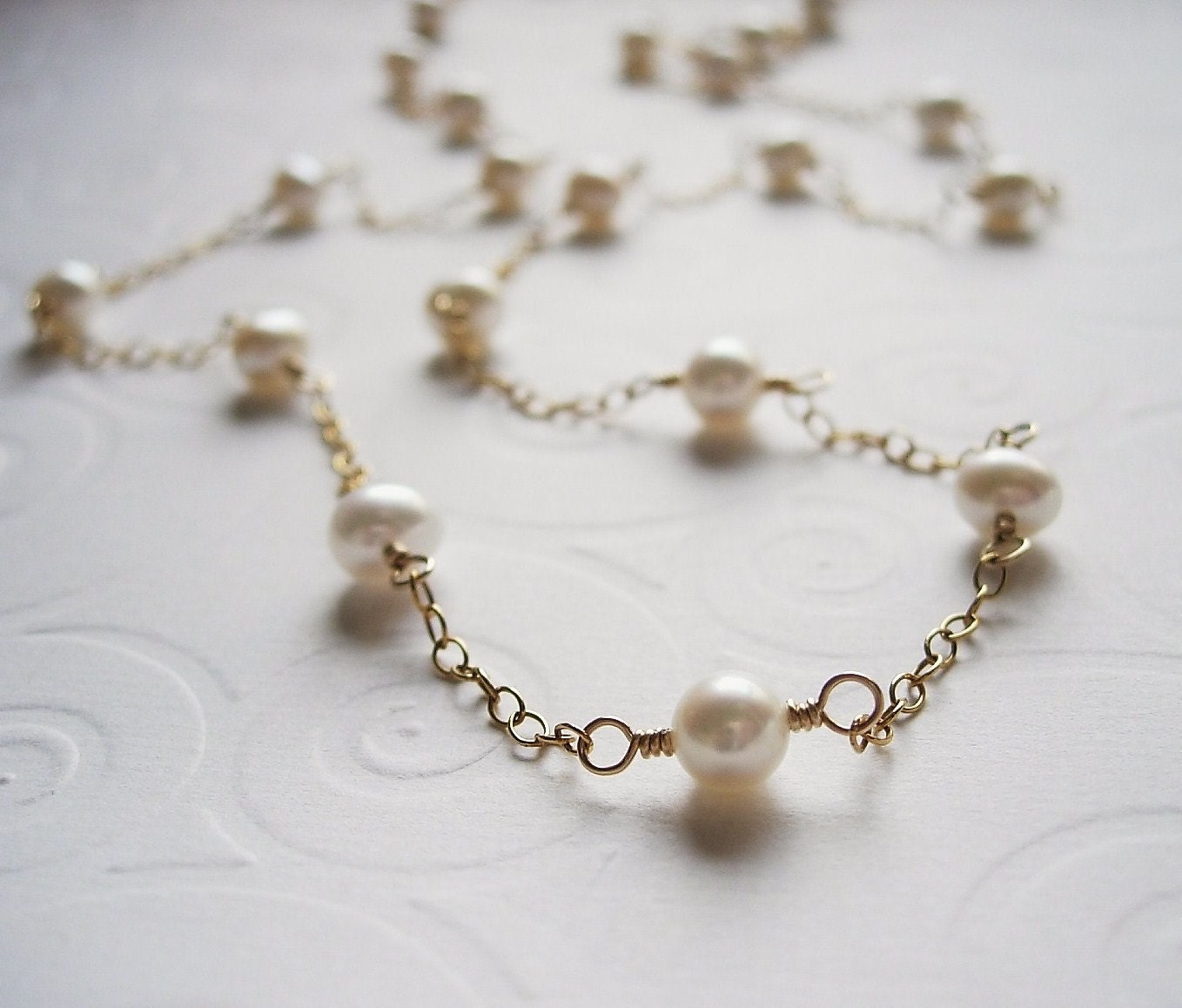 Long White Freshwater Pearl and Gold Filled, Wire Wrapped Station Necklace, Bridal, Bride, Contemporary, June Birthstone