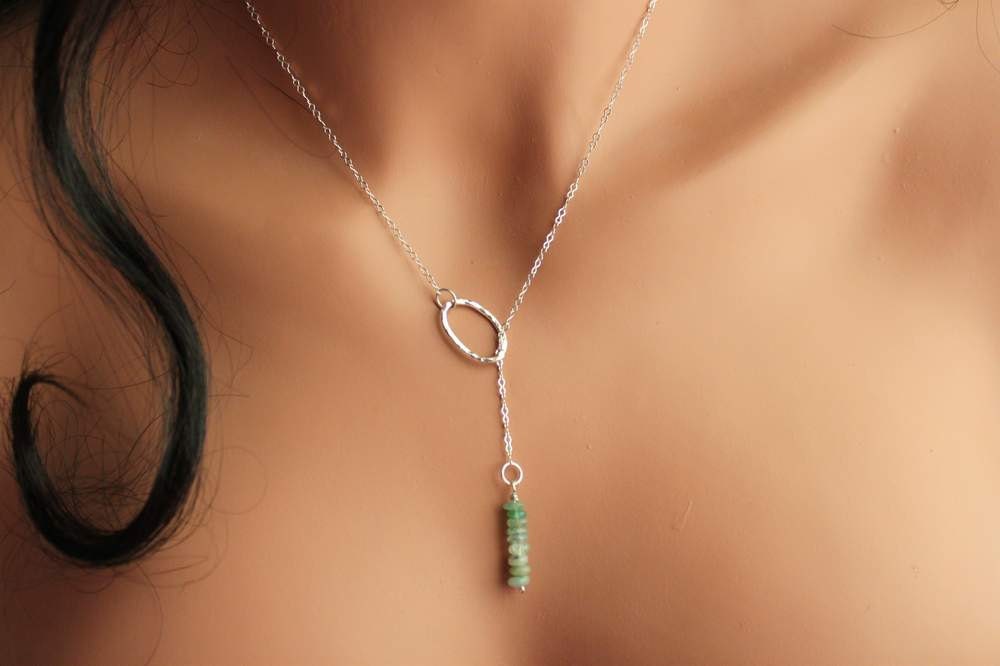 Sterling Lariat and Peruvian Opal bead necklace, Sterling silver oval, bead, Handmade