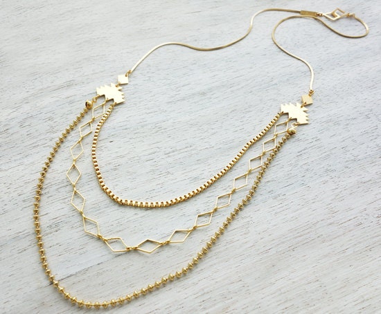 Tulum Necklace, long layered gold silver necklace, Mexican tribal style jewelry