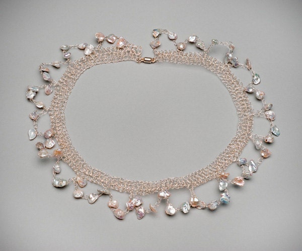 Silver Crocheted Necklace with Silver Keisha Pearls