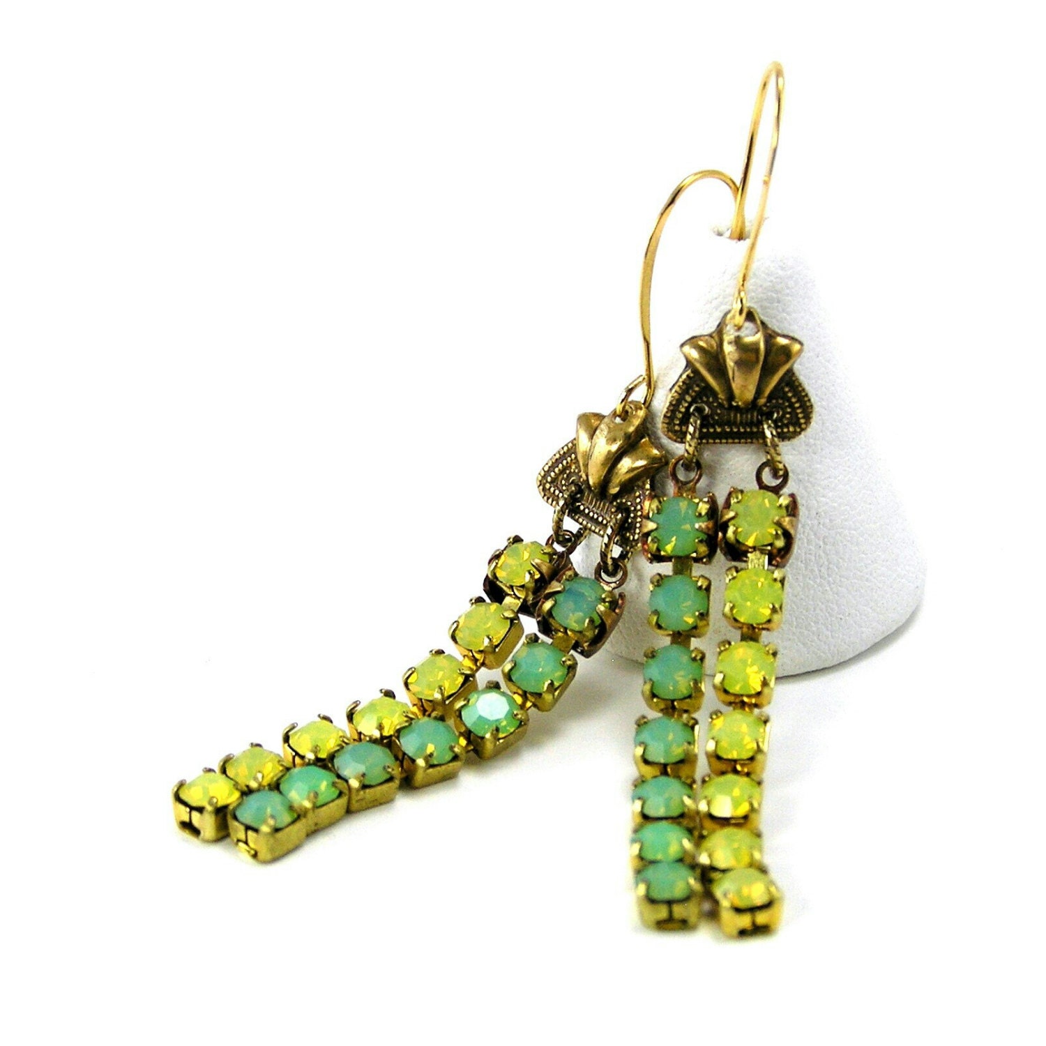 Rhinestone Chandelier Earrings, Yellow, Green, Swarovski Crystal, Rhinestone Chain, Vintage Brass, Dangle Earrings, Neon, Spring Jewelry