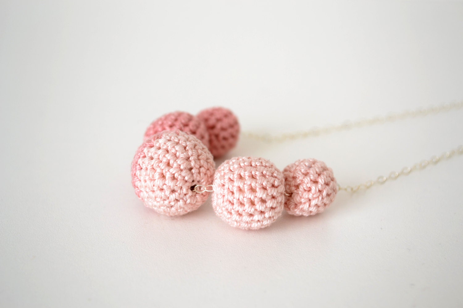 crochet bead necklace in blush pink and pale pink with sterling silver chain, bridesmaids necklace, unique gift for her, spring fashion