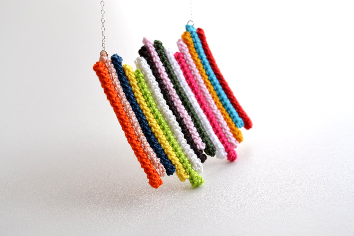crochet colorful textile necklace with multi colored lines from cotton and sterling silver chain - crazy stripes in boho style, gift for her