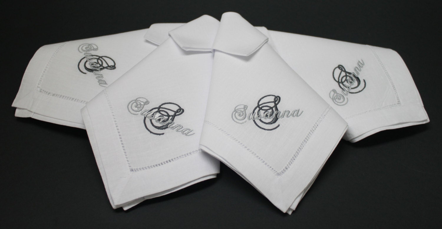 Personalized Name and Single Initial Monogram Embroidered 20x20 Hemstitched Linen/Cotton Napkins