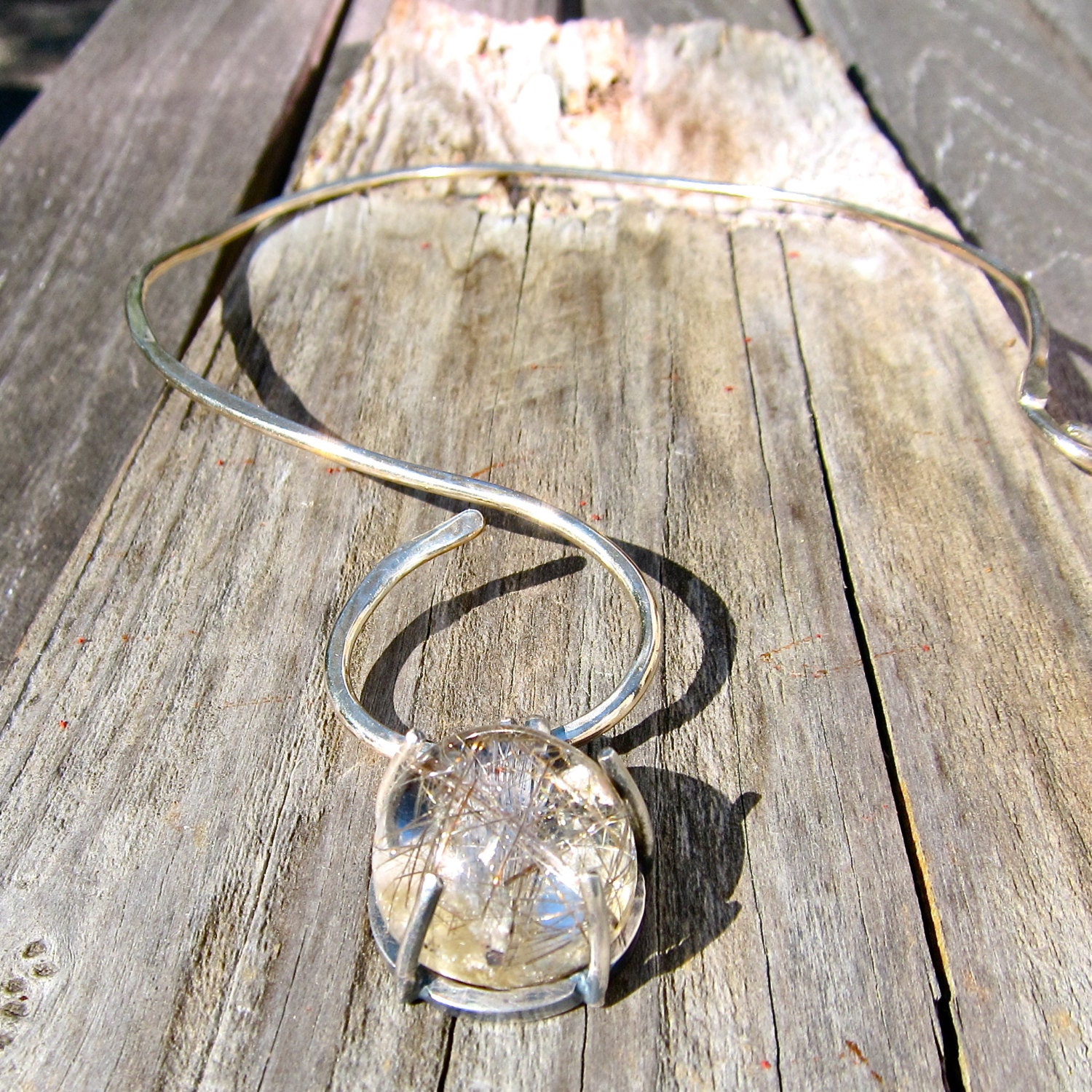 Rutilated Quartz, Heavy Pronged, Oxidized Sterling Pendant Pendant