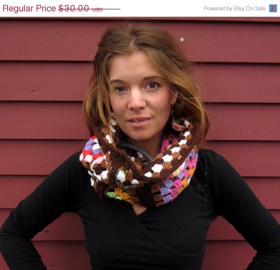 ON SALE Granny Square Brown and Colorful Upcycled Crochet Blanket Neckwarmer Cowl Circle Scarf By MountainGirlClothing