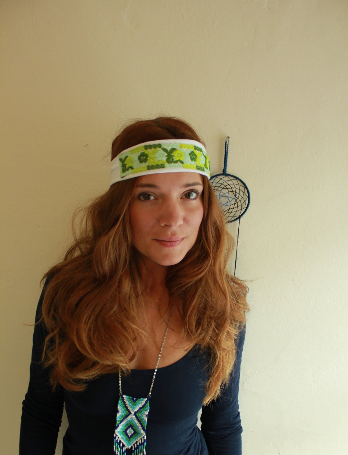 White Lime Green Floral Bohemian Hippie Headband Upcycled Headwrap Recycled by MountainGirlClothing