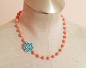 Coral, aqua, flower, statement necklace