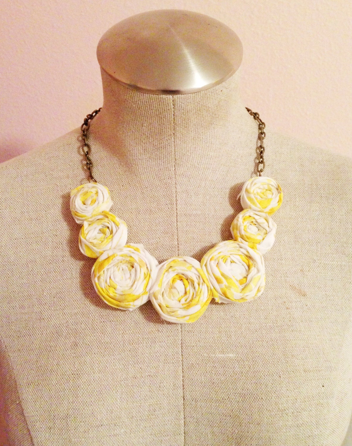 Statement necklace, vintage, fabric, rosette, bib necklace, yellow, sunshine, spring