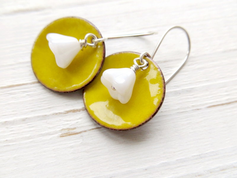 Yellow And White Floral Earrings, Enamel On Copper - Flora