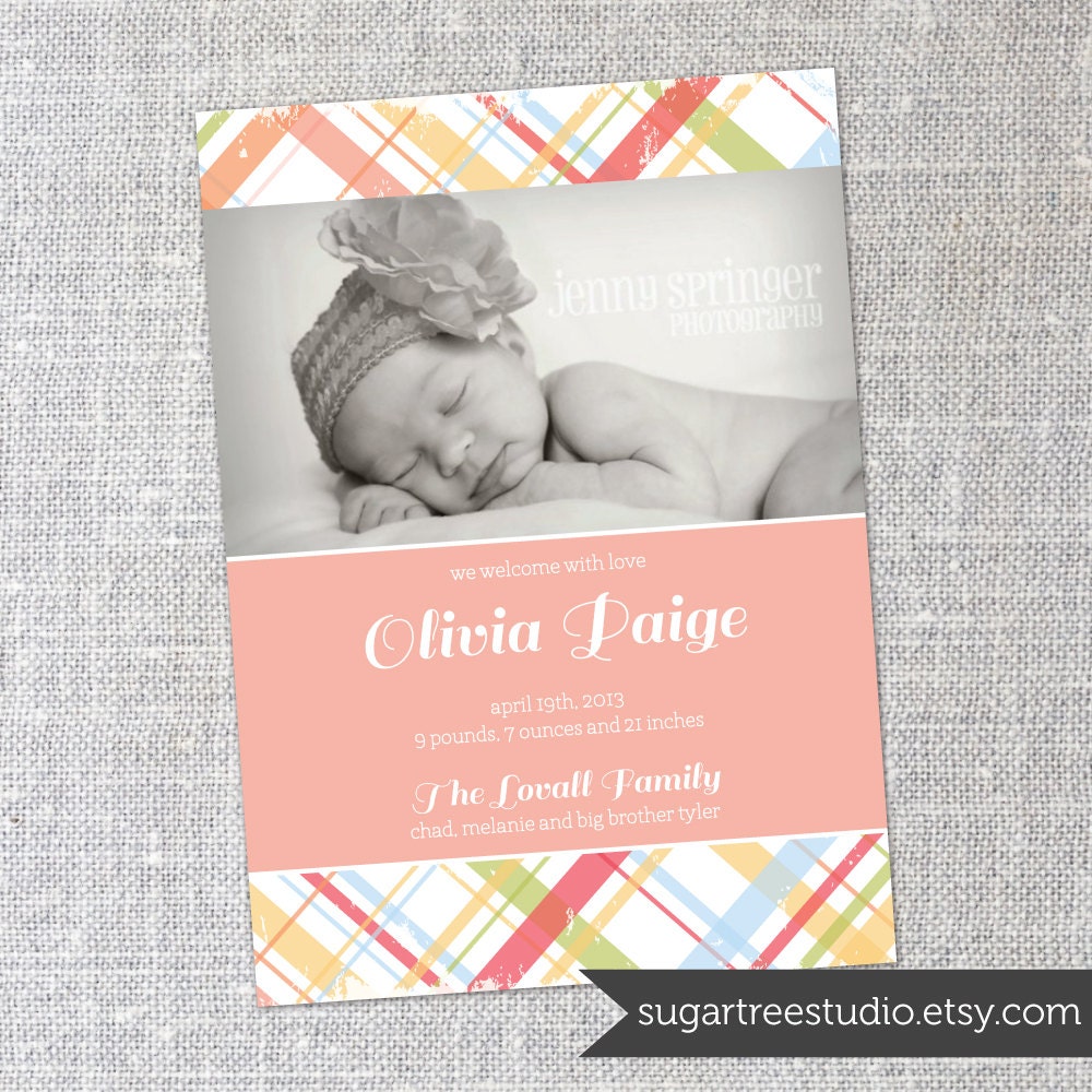 Plaid Goes Girly - Custom Photo Birth Announcement