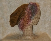 Knit Slouch Hat Old Gold with Fluffy Amber Folded Brim Hand Made Womens Girls Teen Gals Upcycled yarns