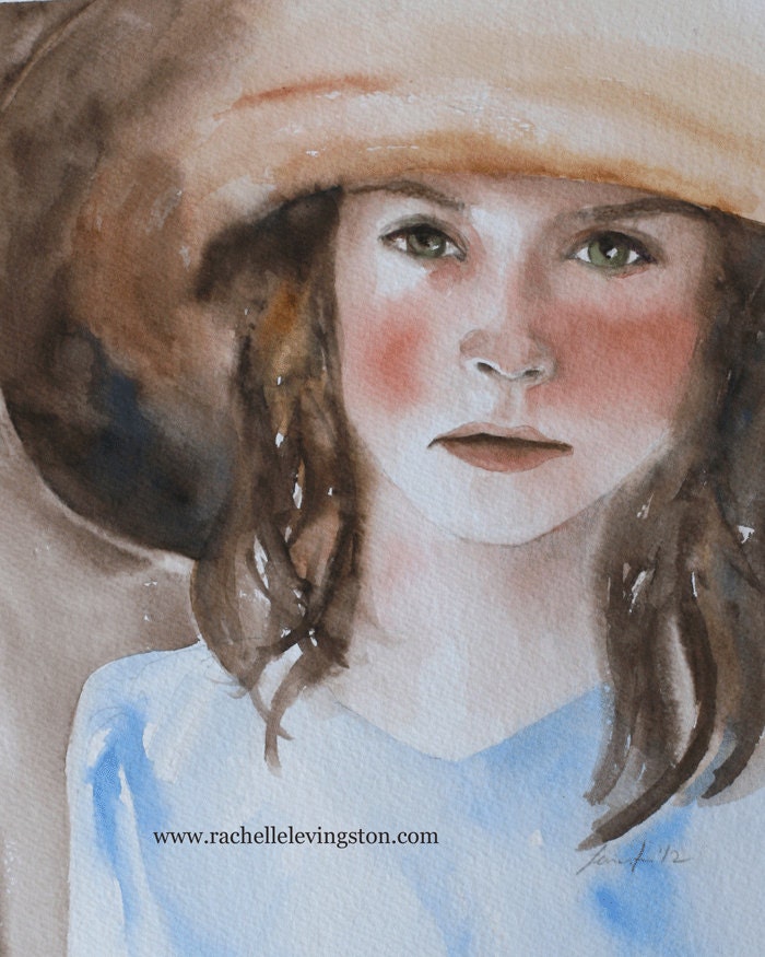 Original Portrait Painting of Girl in straw hat ORIGINAL Watercolor Painting original painting home decor wall art 8 x10 RESERVED for JANET