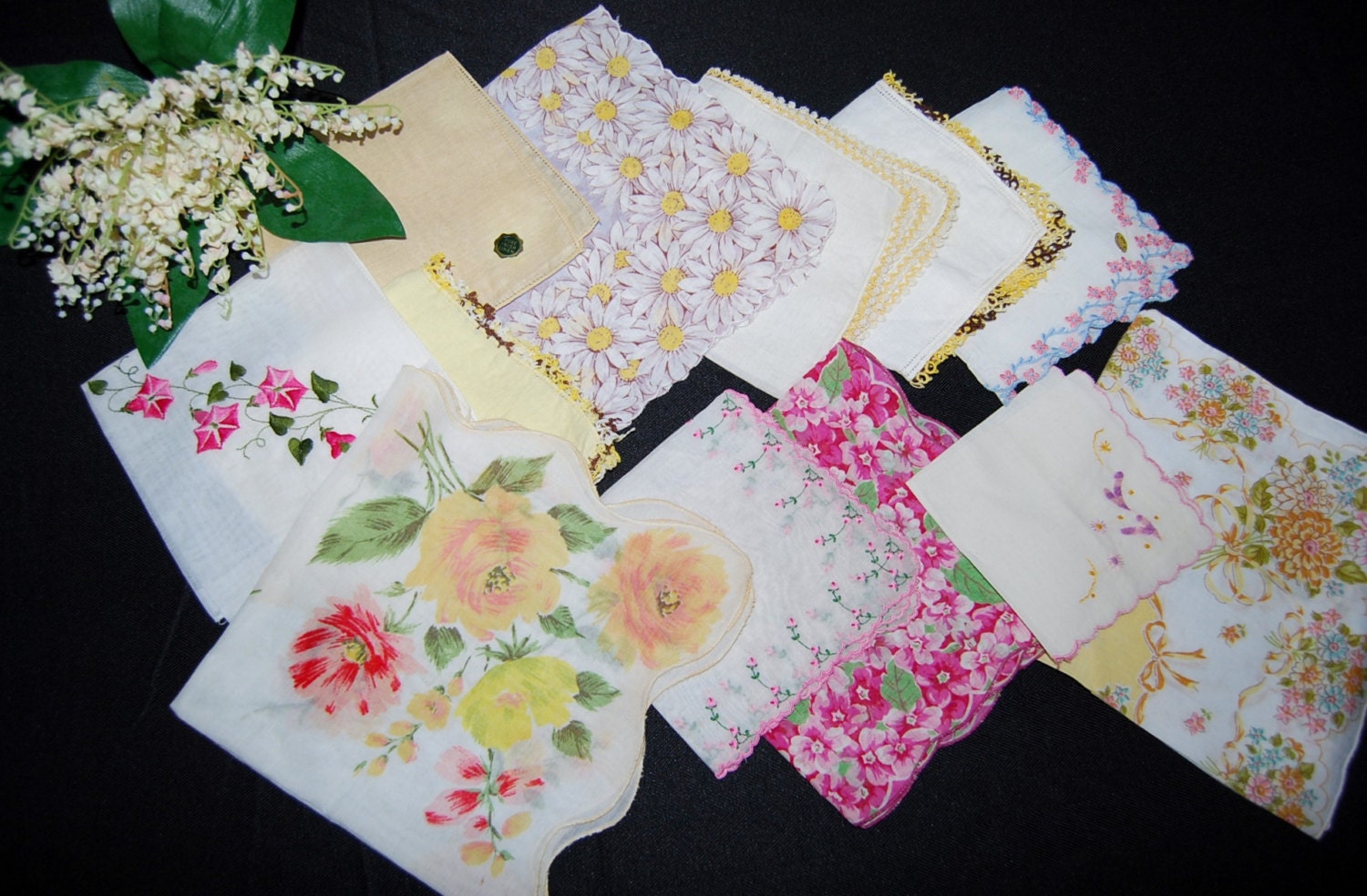 Vintage Hankies Sunny Pink Bouquet .....Twelve