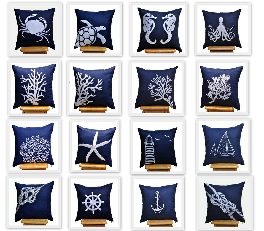 Nautical Pillow Covers, 18 x 18 Throw Pillow Cover - Set of 4, Navy Blue Pillow White Embroidery, CHOOSE THE DESIGN