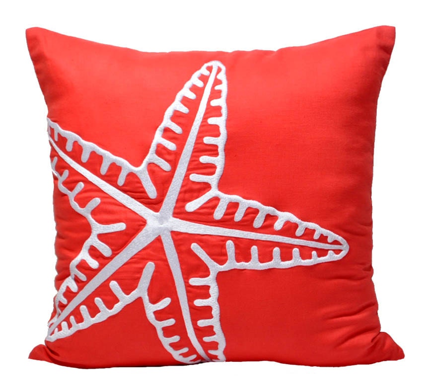Modern Starfish Pillow Cover, White Starfish with Orange Decorative Pillow Cover, Nautical Throw Pillow 18" x 18", Orange Cushion