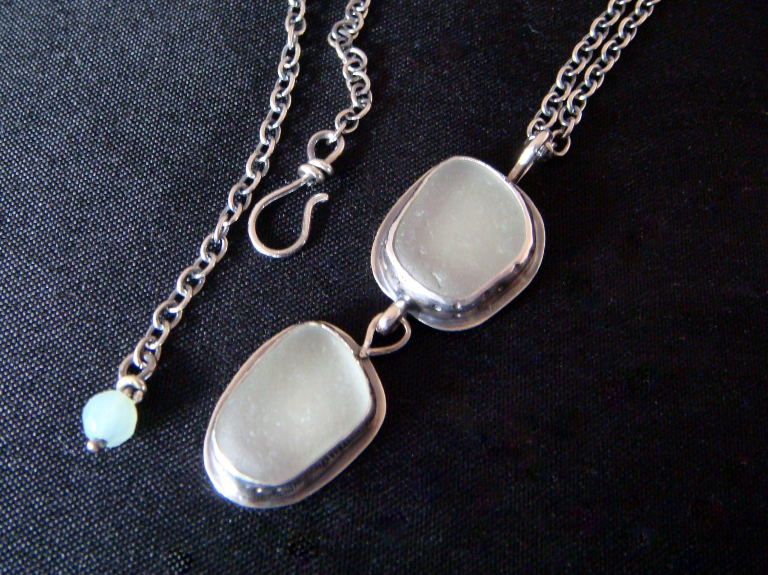 Aqua Beach Glass and Silver Necklace - Blue Sea Glass Necklace - Two Stone Necklace - Textured Bezels - Seafoam Sea Glass - Adjustable chain