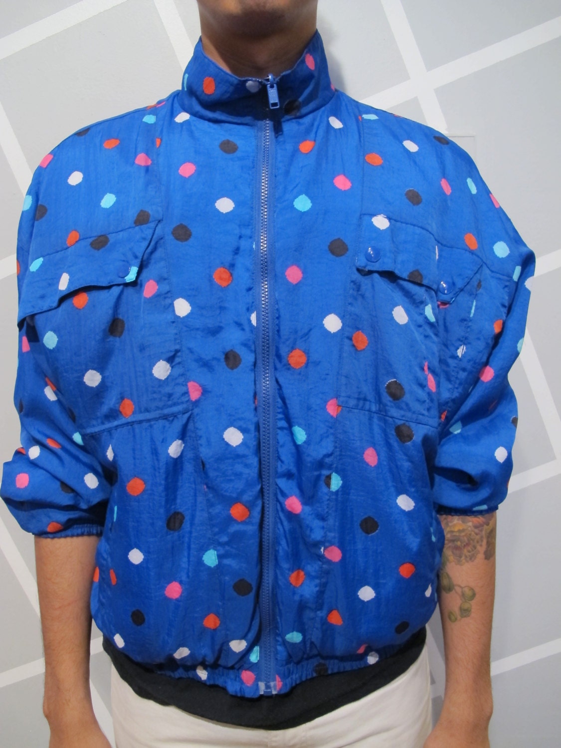 VIntage 1980s Blue Reversible Windbreaker Polka Dots