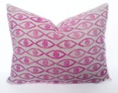 RESERVED Custom Hand-Blocked Pink Eye Print on Natural Linen 16" x  20" Lumbar Pillow