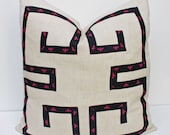 Custom Greek Key Trim Linen Pillow 20" Black Berry Pink Bee Jacquard Trim on Natural Linen