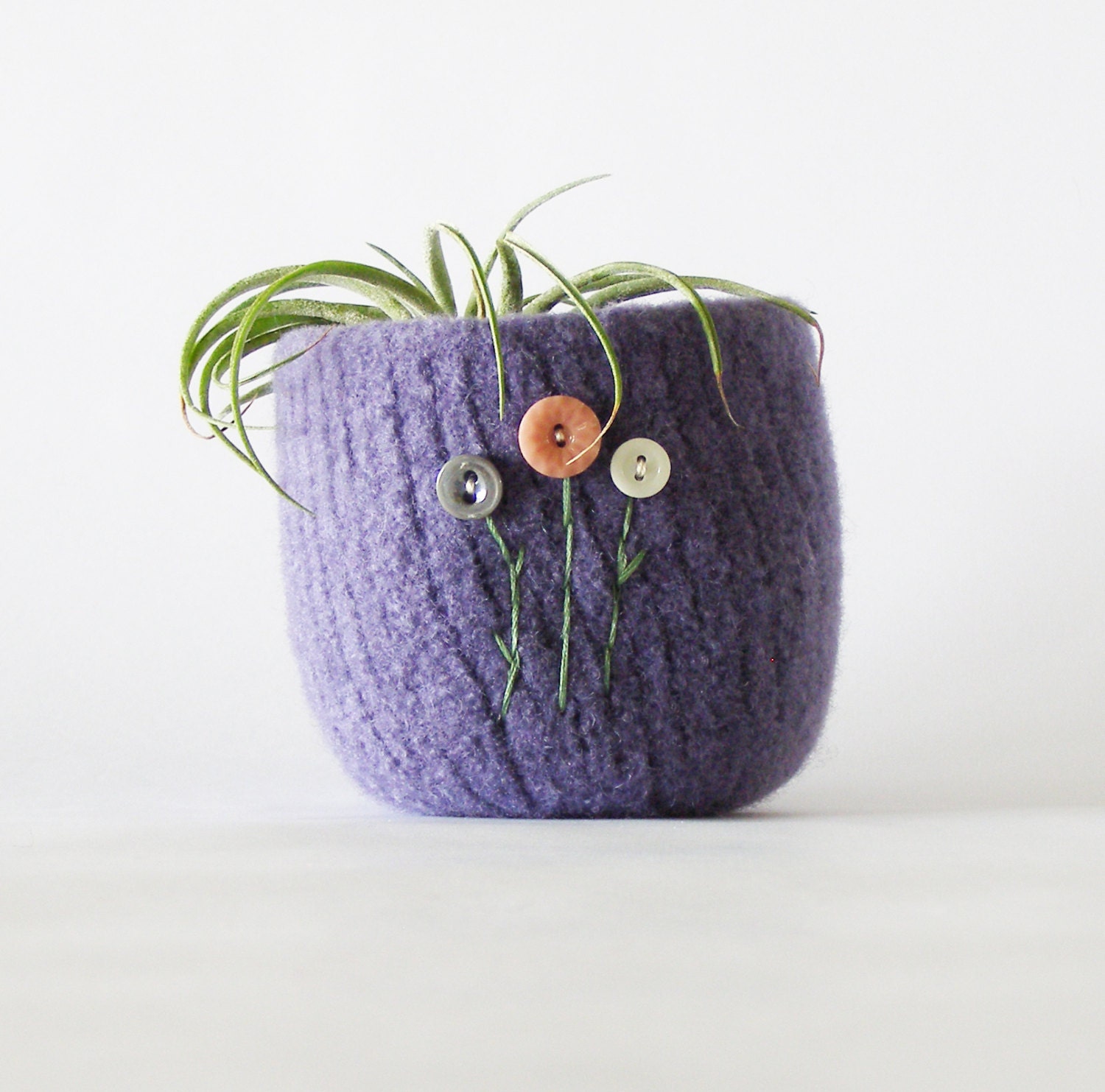 lavender felt wool bowl with pink, grey, and cream vintage porcelain buttons - nature and garden inspired - springtime container