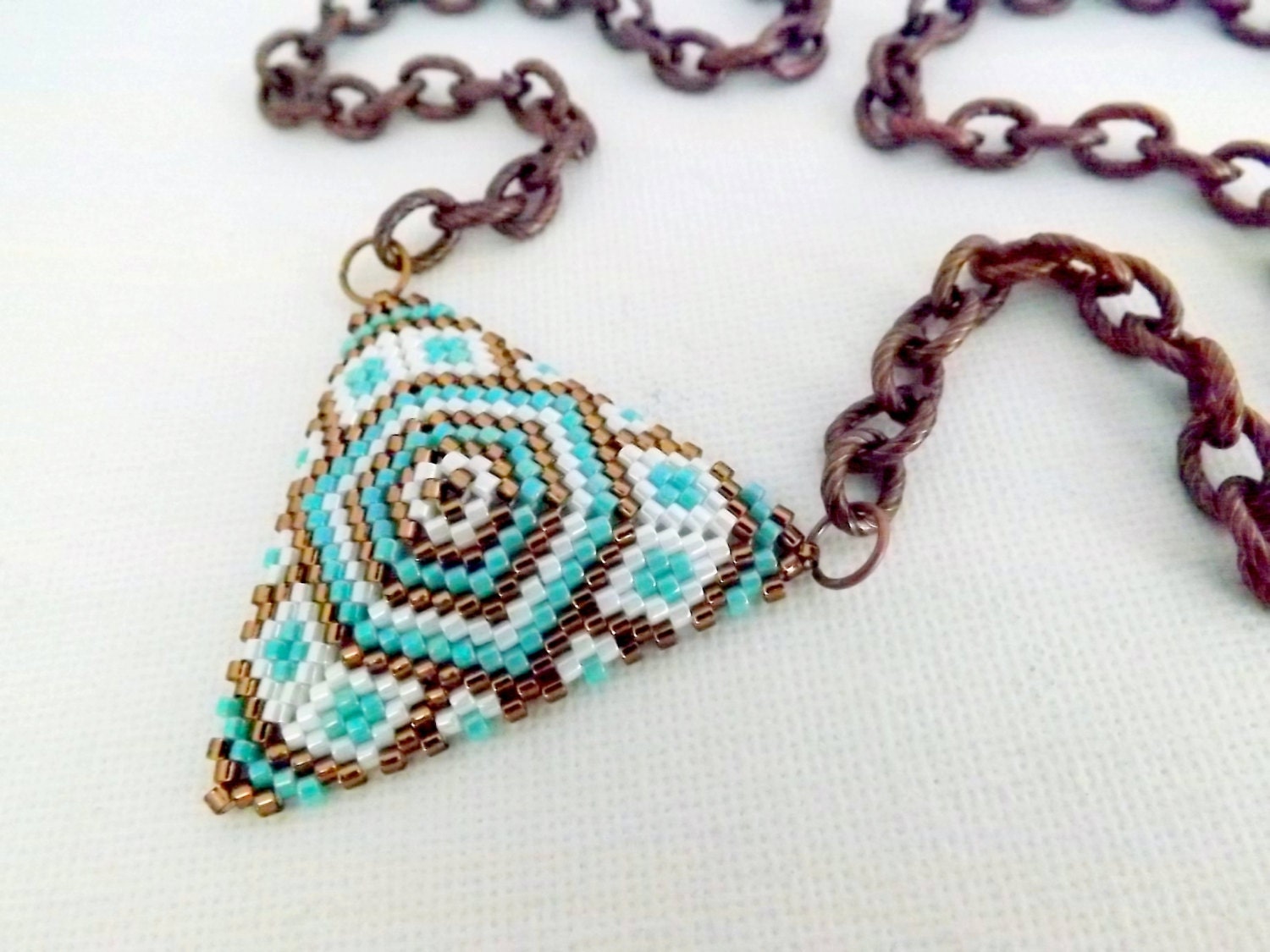 Peyote Triangle Pendant Necklace Turquoise Brown White Beadwork Seed Beads