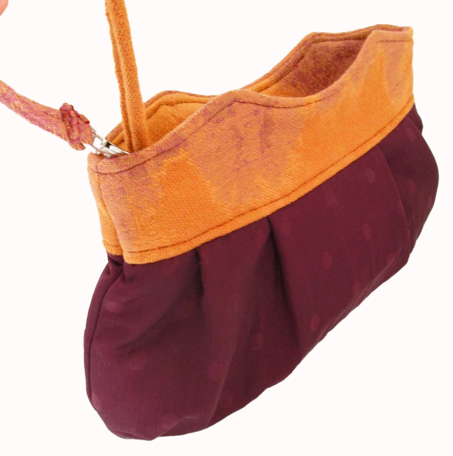 Handmade Clutch - Handmade Handbag it burgandy purple polka dot with rusty orange accents