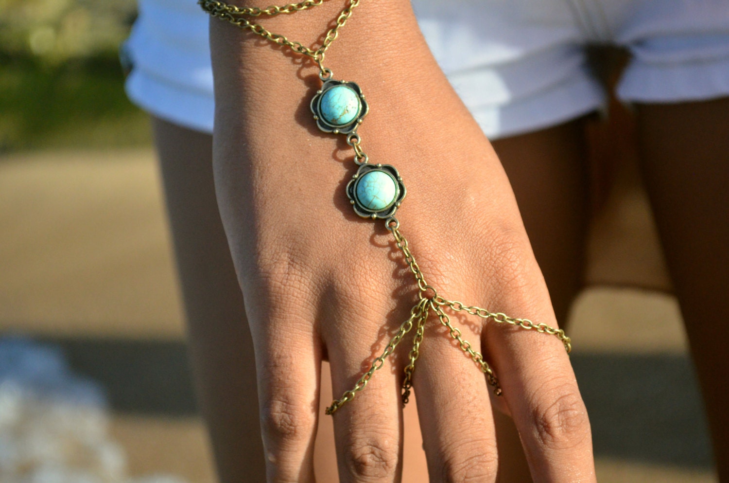 Boho Slave Bracelet Hand Bracelet Piece Ring Hipster Bronze Chain Bohemian Boho Two Turquoise Beads Hand Jewelry