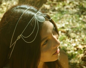 Chain Headpiece Headband Hair Piece Bohemian  Hipster Boho Hippie Silver Floral Drop Drape Jewelry Bridal