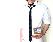Mad men style skinny mens neck tie Dark blue  geometric dot dots Navy or black with royal blue and orange accents