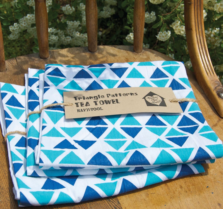Triangle Patterns, Pool and Navy, Flour Sack Tea Towel, Screenprinted