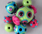 Set of 7 Handmade Lampwork Art Glass Beads by Patti Cahill, sra -- Funky color scheme, lime