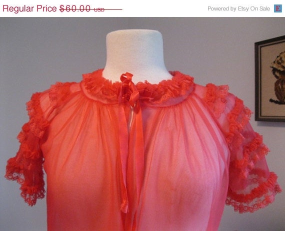 50% off Storewide Sale vintage 1950s peignoir satin lingerie sheer robe 1950s 50s red chiffon