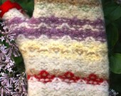 Upcycled cashmere and wool fingerless gloves -- ivory, lavender, butter yellow.  Red lining.