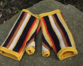 Recycled wool and cashmere fingerless gloves.  Bright stripes in yellow, orange, kelly green, navy, red.  Lined in sunny yellow.