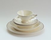 RESERVED for Caufield / Smith Wedding Registry: Art Deco Place Settings - Salem Zephyr in Streamline & Century, White w/ Platinum